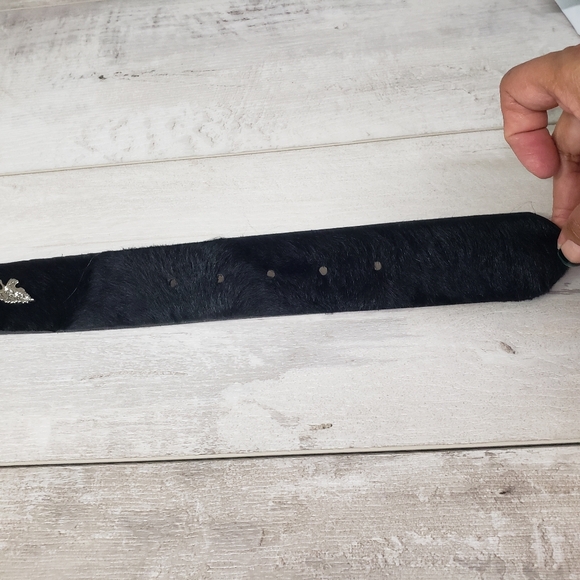Berge Black Pony Hair Calf Hair Belt Silver Botanical Details Buckle Boho Edgy - Picture 8 of 15